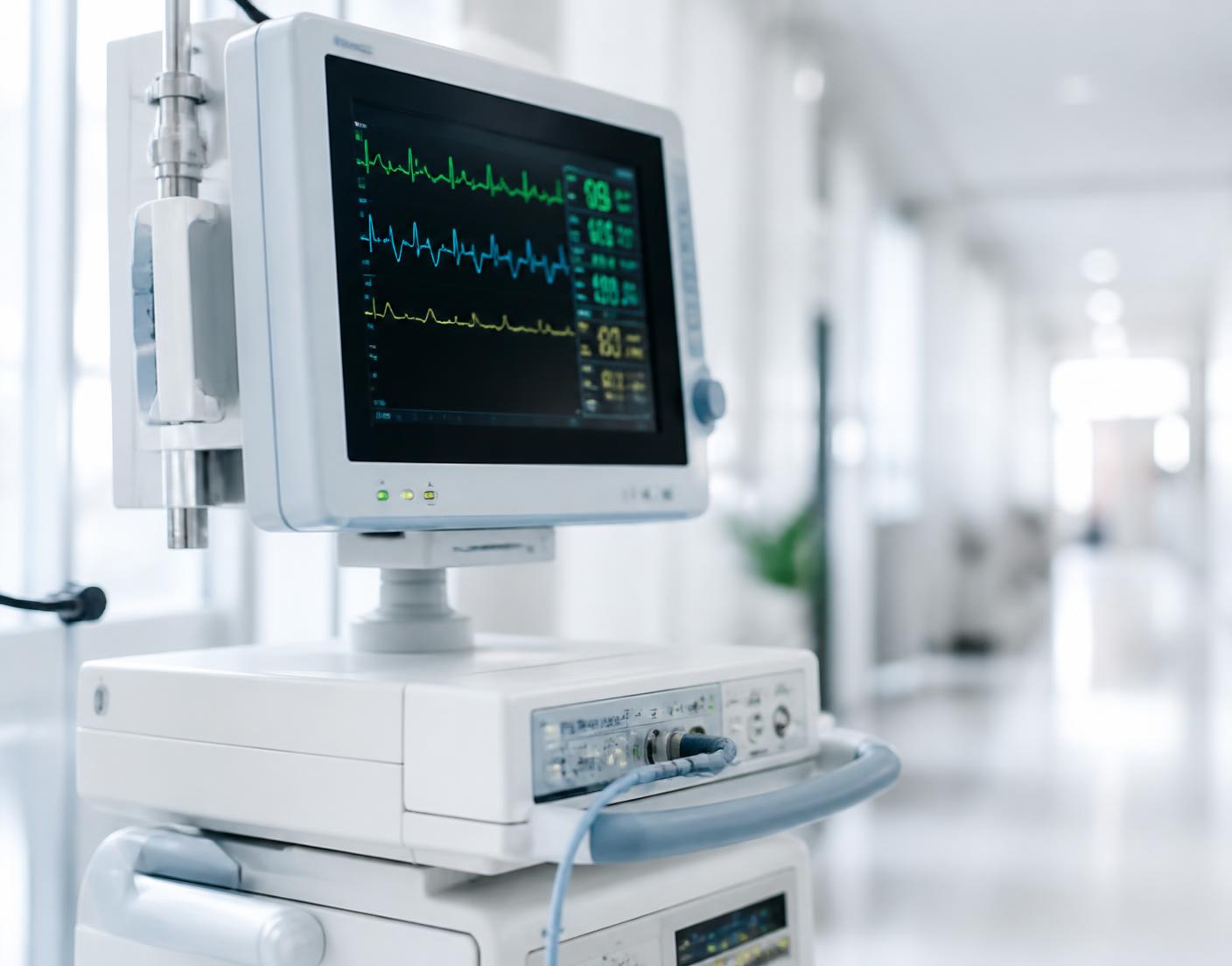 Patient monitoring system on a cart in a bright hospital corridor